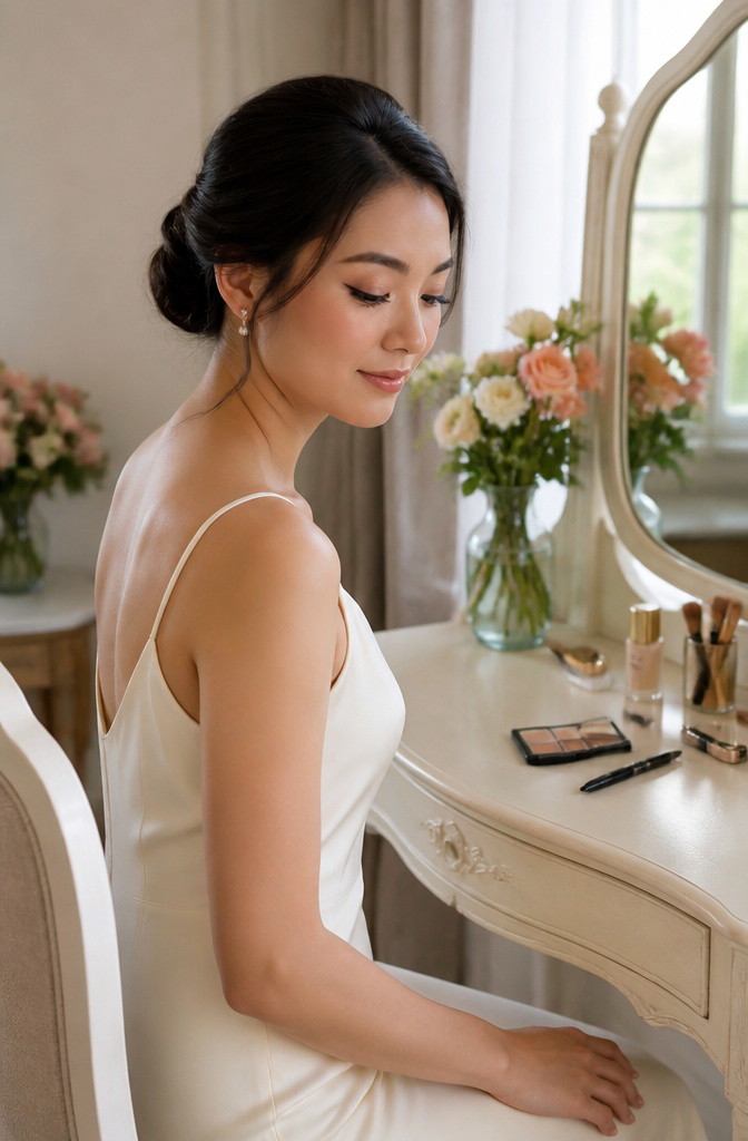 Bridesmaid with minimal cat-eye makeup at a white vanity.