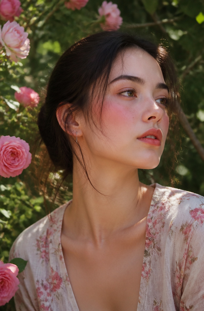 A model with watercolor blush applied to her cheeks.