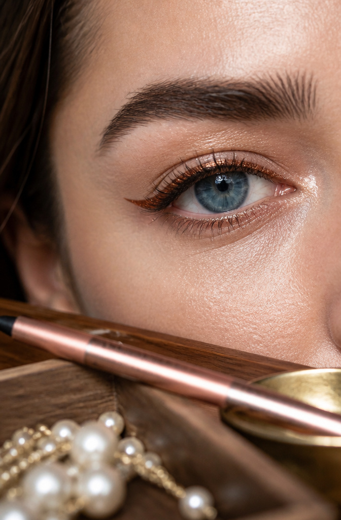 Model's eyes highlighted with warm bronze eyeliner.