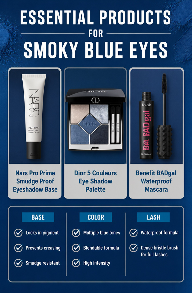Smokey Eyes Blue: A Step-by-Step Tutorial for 2026 8 Three beauty products essential for blue smokey eye makeup.