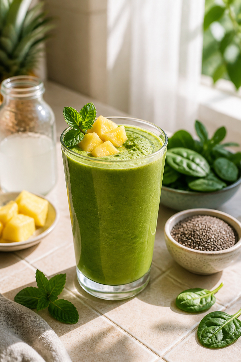 Pineapple Spinach Green Smoothie in a sunlit kitchen with fresh ingredients.