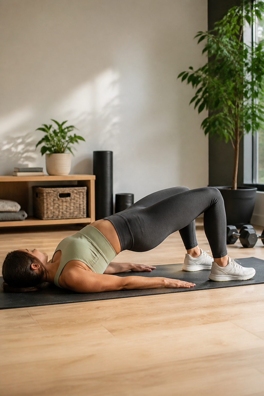 Individual demonstrating a glute bridge with hips raised and knees bent.