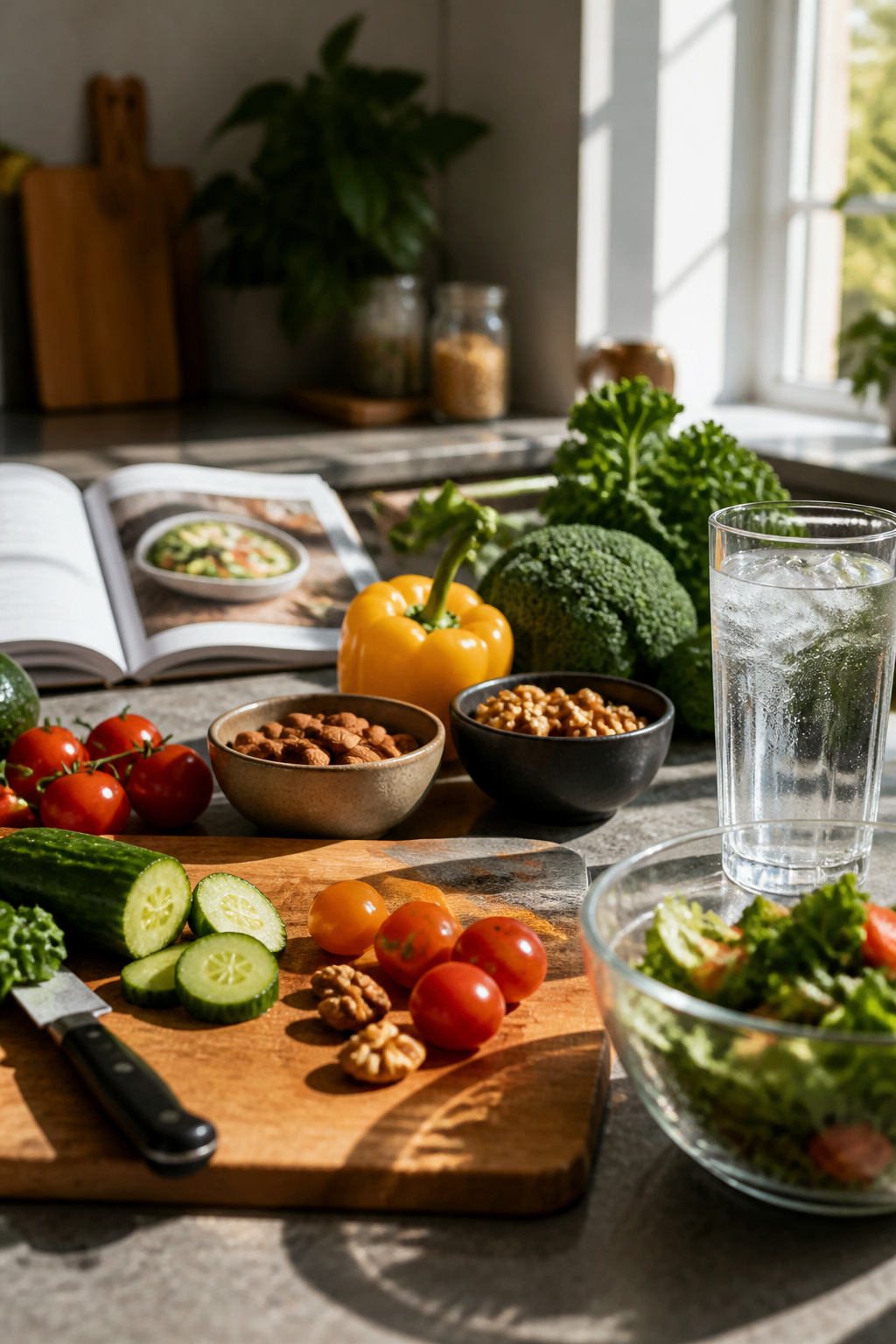 Fresh vegetables, nuts, and water on a kitchen countertop.