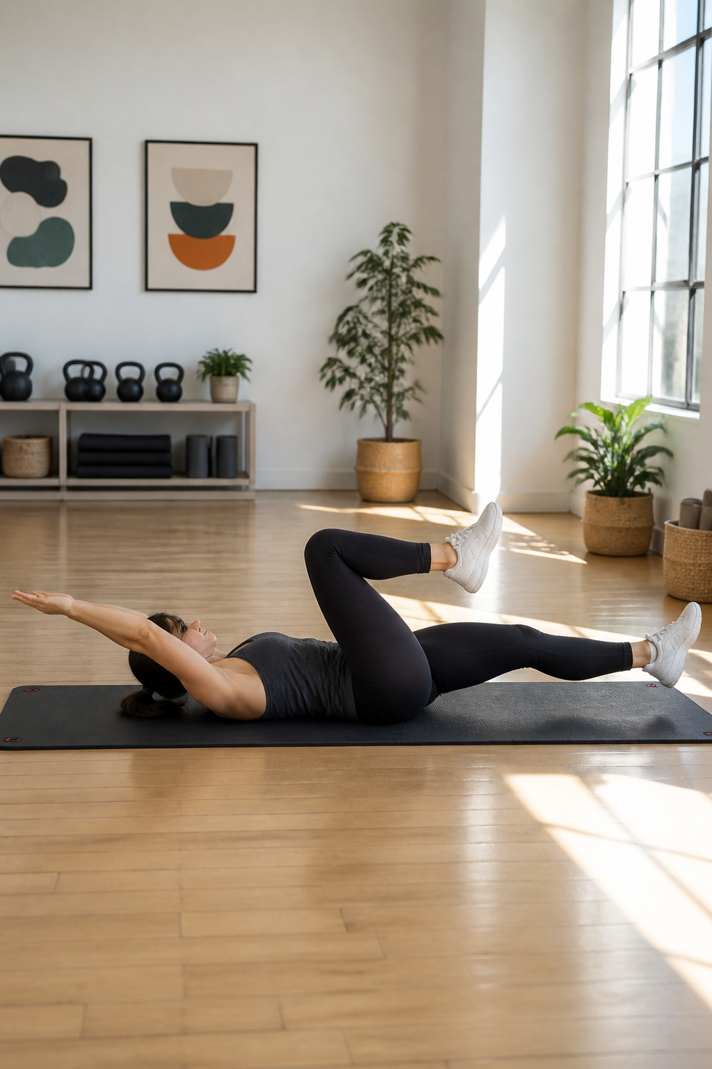 Person lying on back with arms and legs in tabletop position.