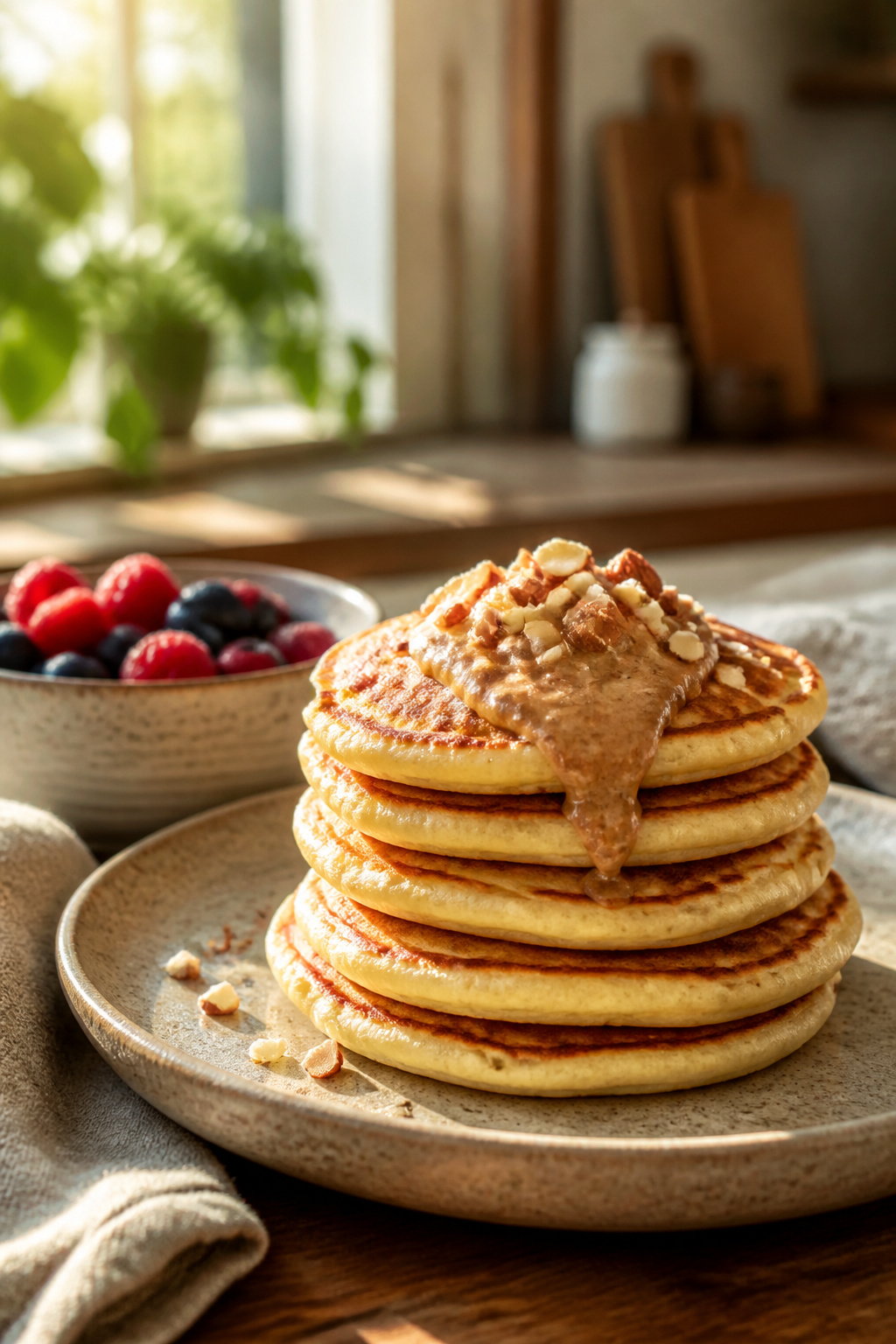 Stack of keto pancakes made from almond flour on a wooden plate.
