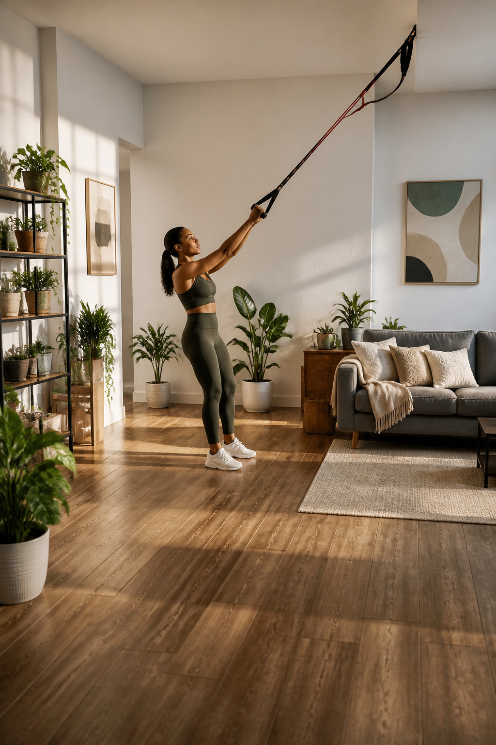 Person pulling down a resistance band from an overhead position.