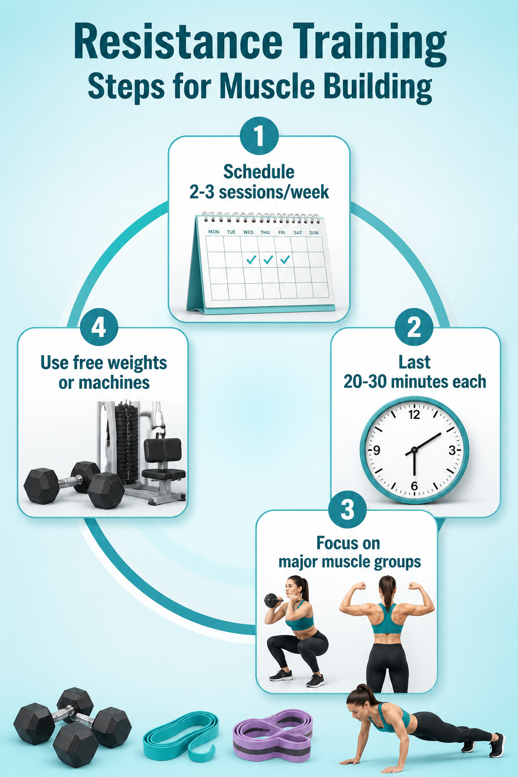 Illustrated steps for resistance training aimed at muscle growth.