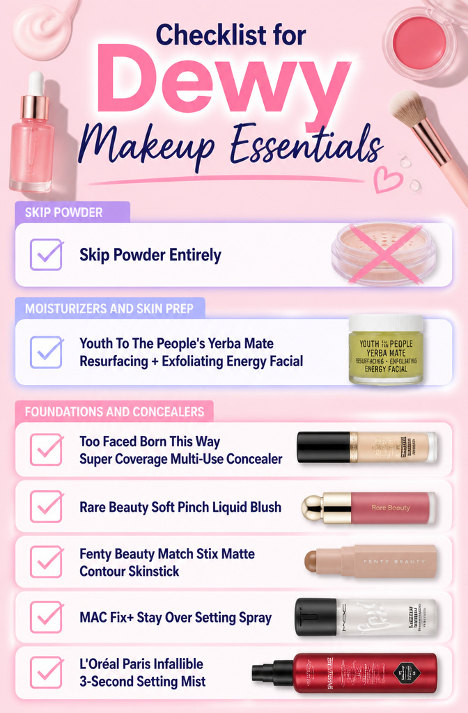 How to Achieve a Dewy Makeup Look: 7 Steps for 2026 9 Checklist of beauty products for dewy makeup essentials.