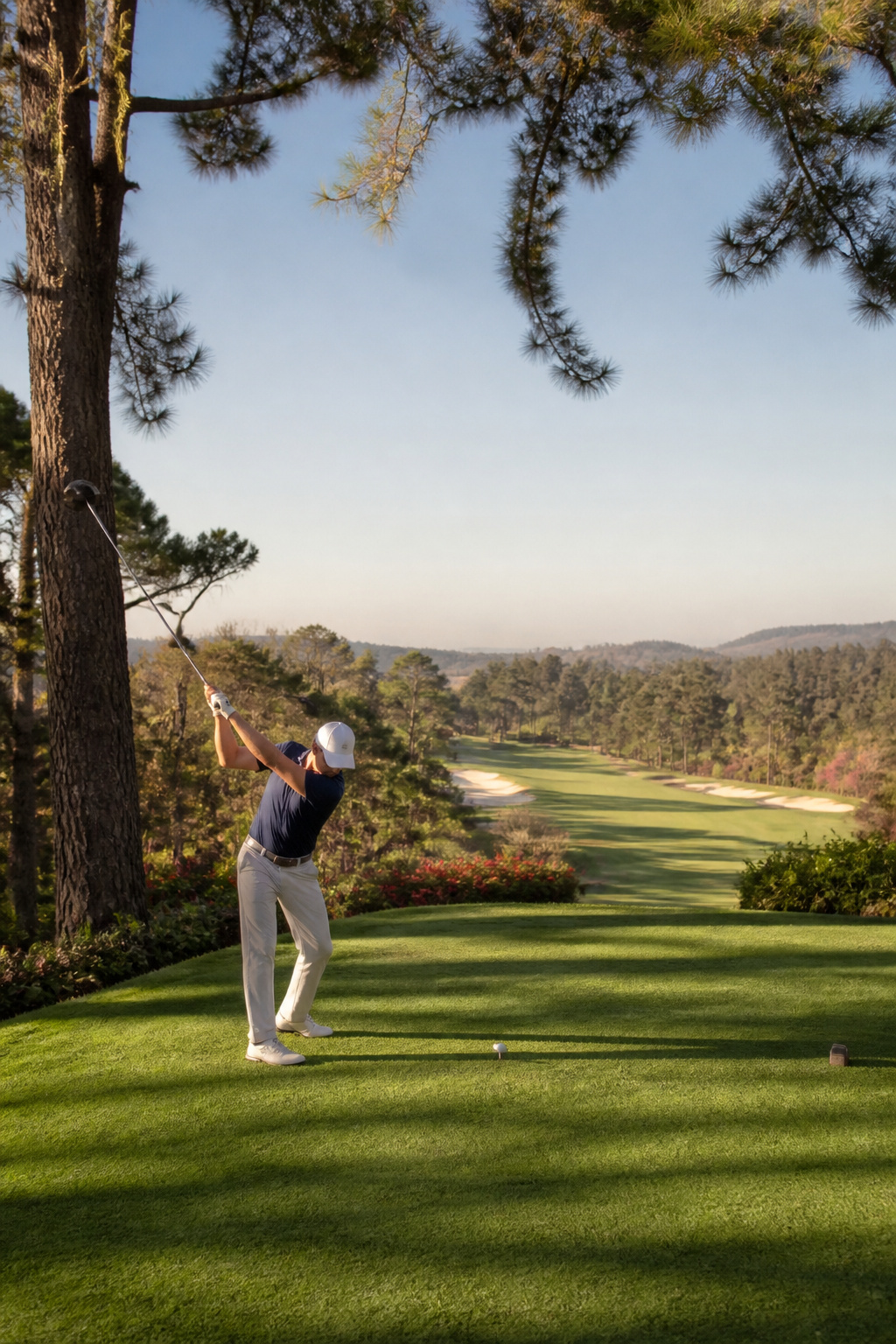 Golfer rotates shoulders with left arm extended.