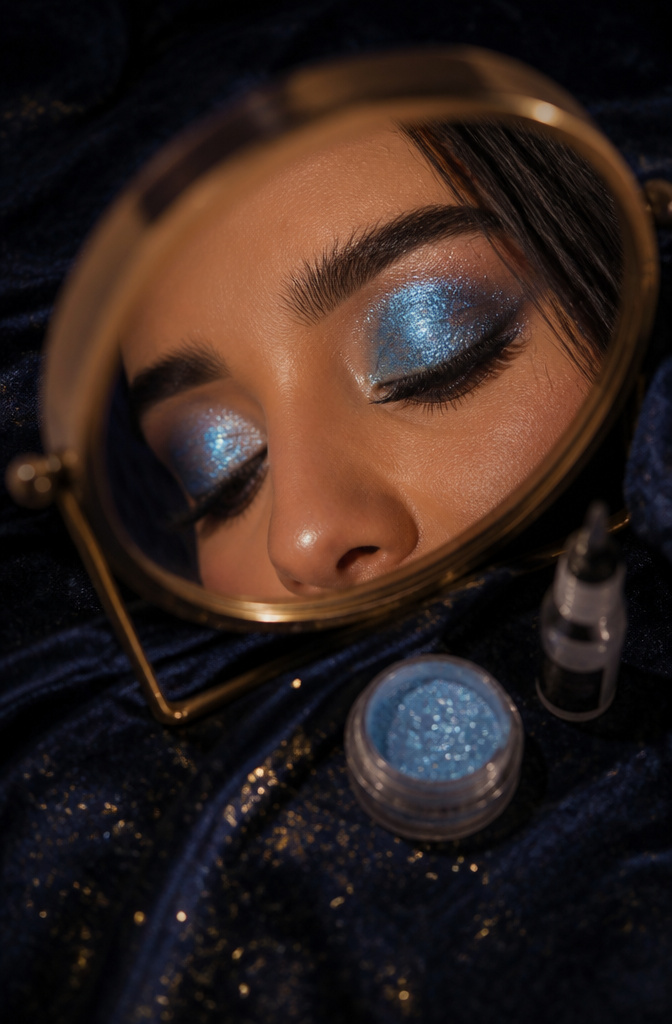 Close-up of model's eyes with blue glitter eyeshadow applied.