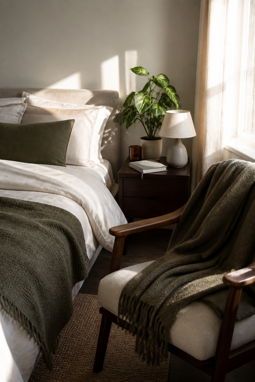 A cozy bedroom with a made bed and a cup of herbal tea.