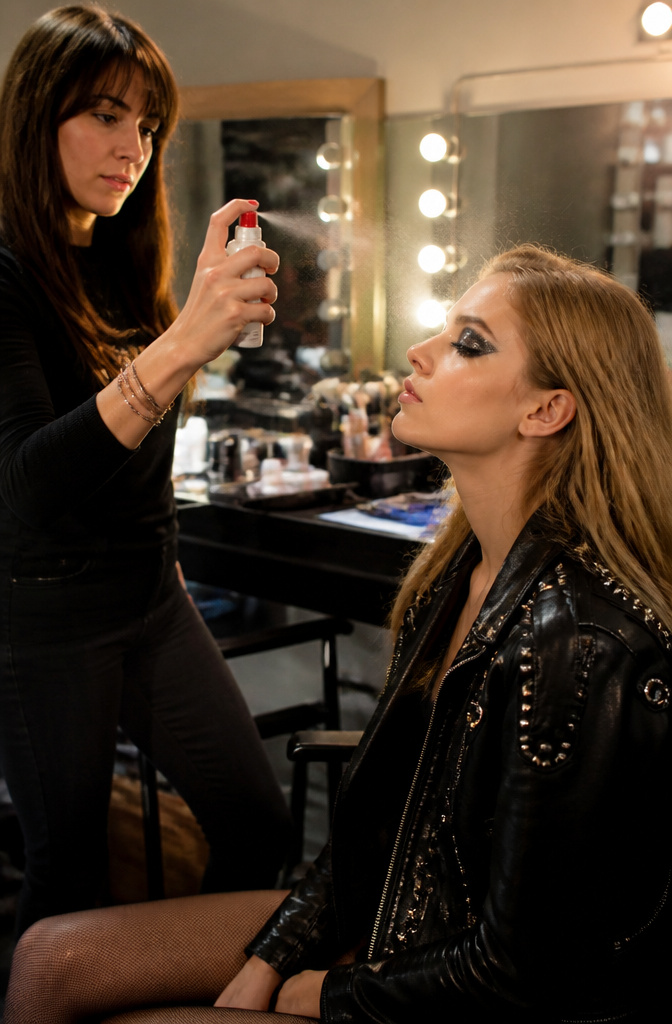 Makeup artist applying setting spray to model's face.