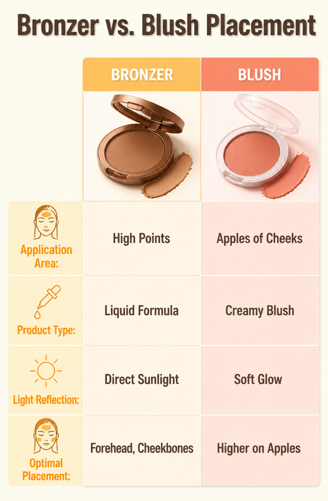 Image showing bronzer and blush placement on a face diagram.