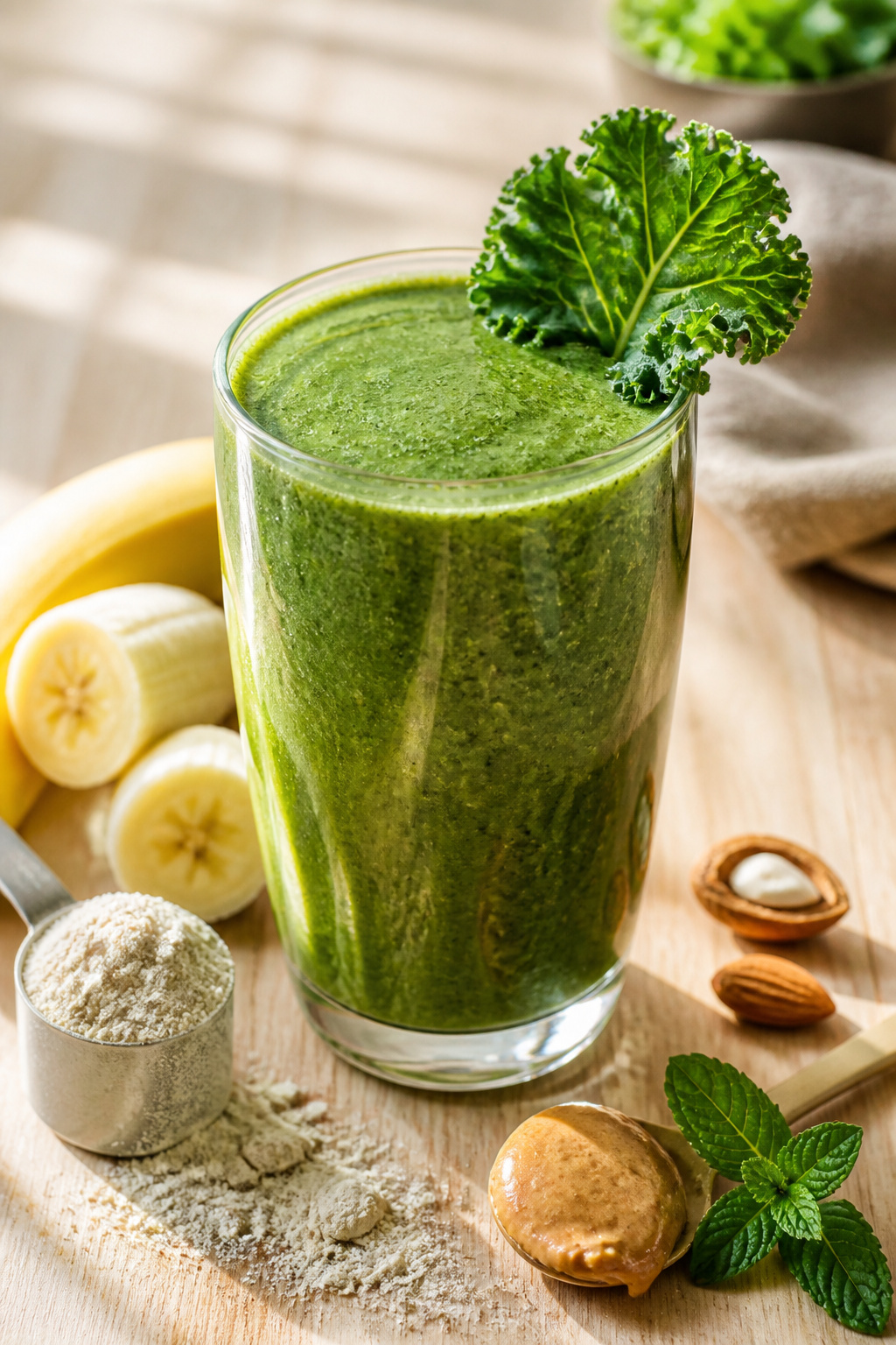 High Protein Green Smoothie in a glass with spinach and protein powder.