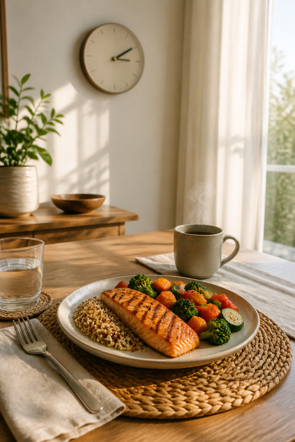 A table with a plate of grilled salmon, quinoa, and bright vegetables.