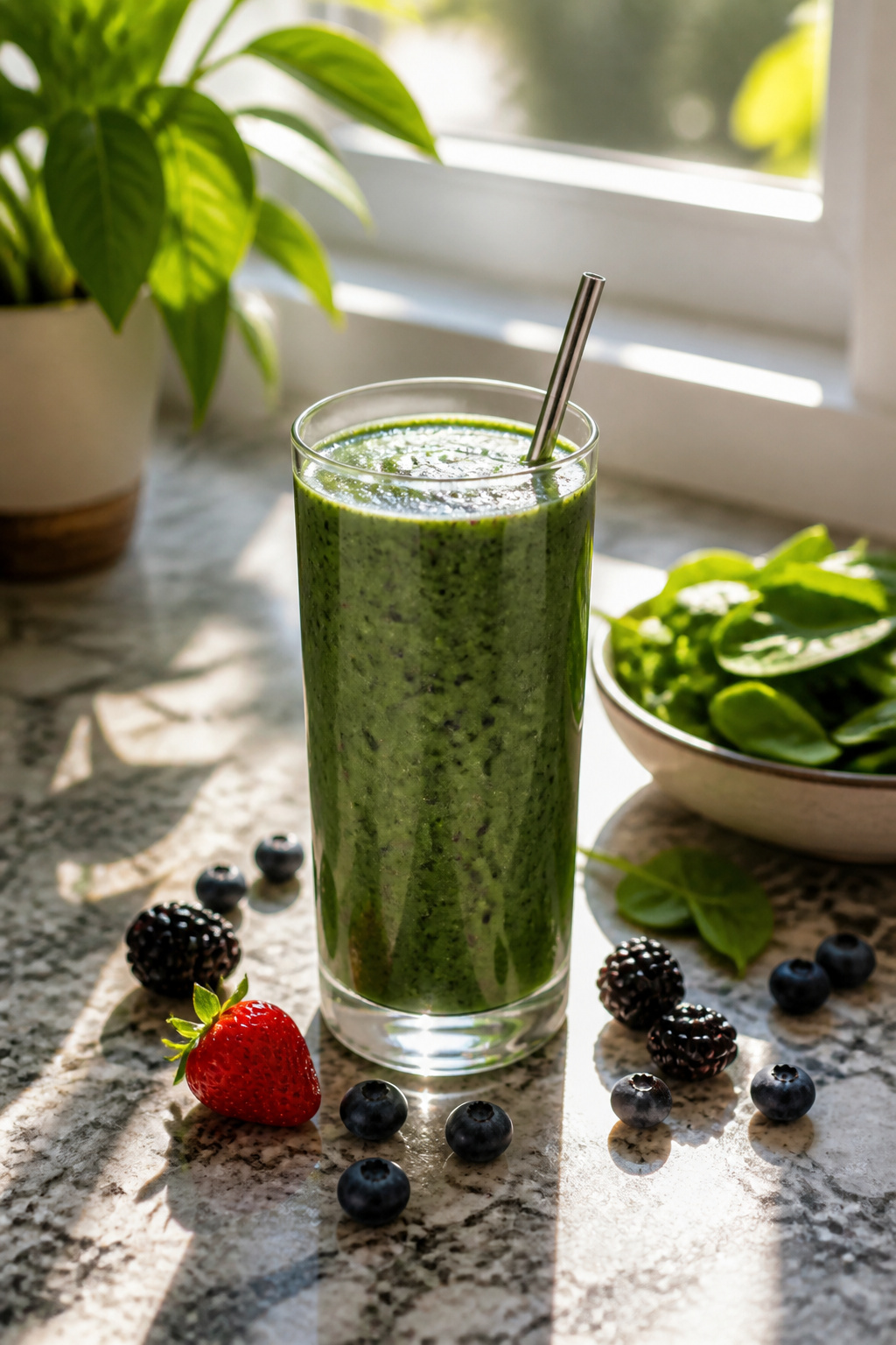 Green keto smoothie with spinach and berries in a tall glass.