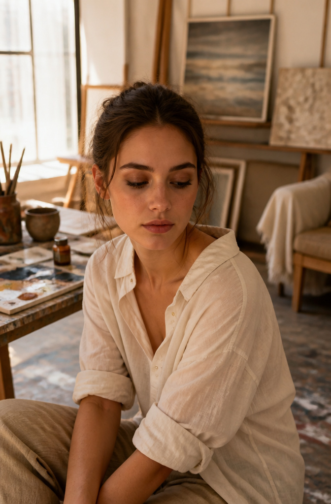 A model with softly diffused smokey eyeshadow in a cozy studio.