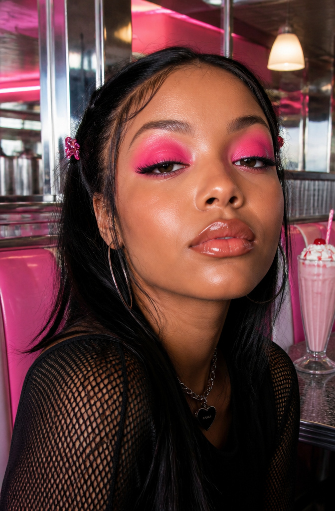 Model showcasing bright pink eyeshadow on her eyelids.