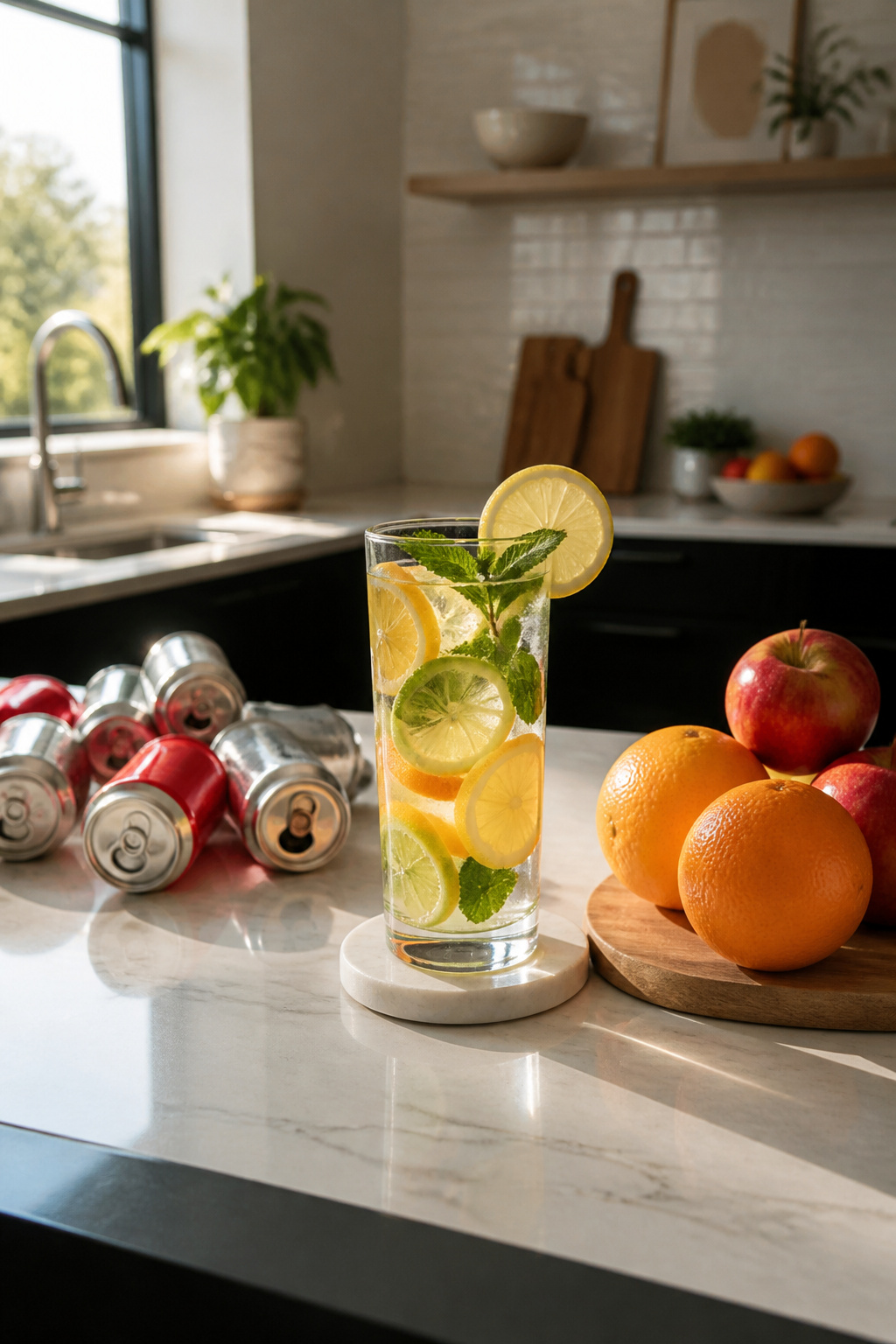 A glass of citrus water with whole fruits and empty sugary drink cans.