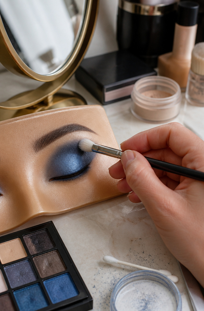 Smokey Eyes Blue: A Step-by-Step Tutorial for 2026 9 Close-up of a hand holding a Sigma Blending Brush against an eye.