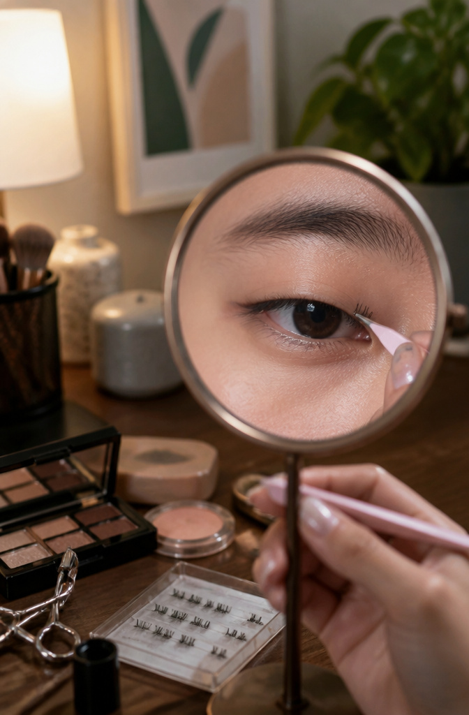 Monolid eye featuring individual false lashes placed at the outer edge.