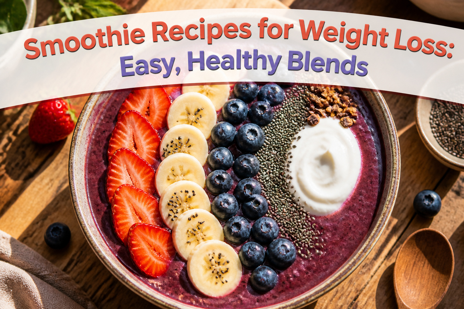 Various smoothies in glasses with fresh fruits and ingredients on a table.