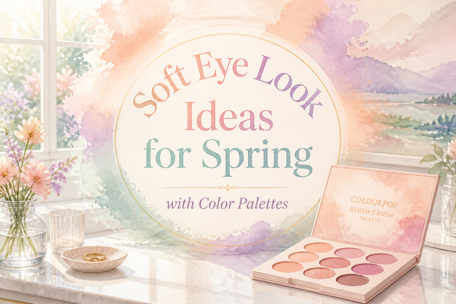 A model with soft eye makeup in pastel colors, blending techniques visible.
