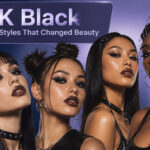 A collage of Y2K black makeup styles featuring glossy lips, colorful eyeliner, and more.
