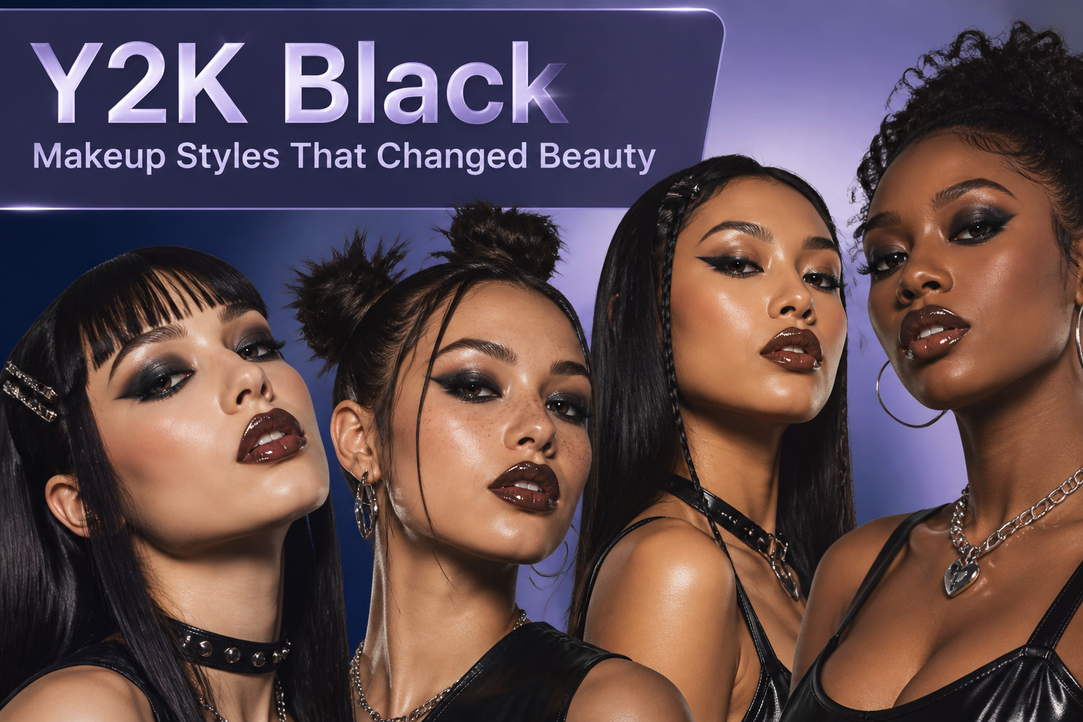 A collage of Y2K black makeup styles featuring glossy lips, colorful eyeliner, and more.