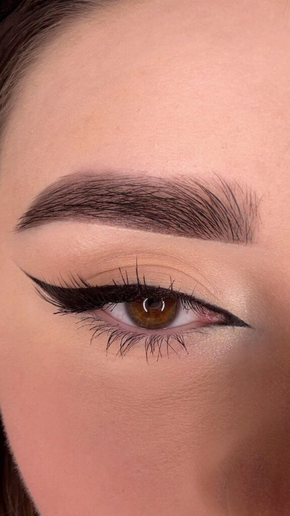 Close-up of an eye with sharp black winged eyeliner and groomed eyebrows.