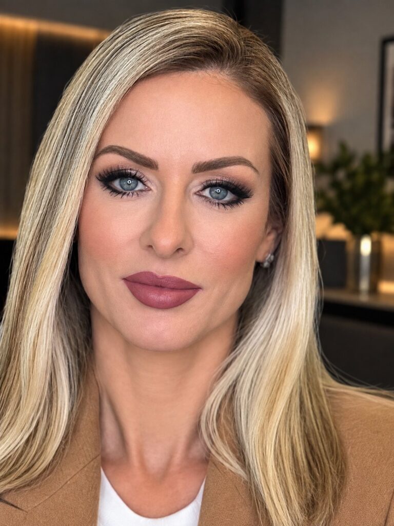 Woman with blonde hair and blue eyes wearing full glam makeup and tan blazer