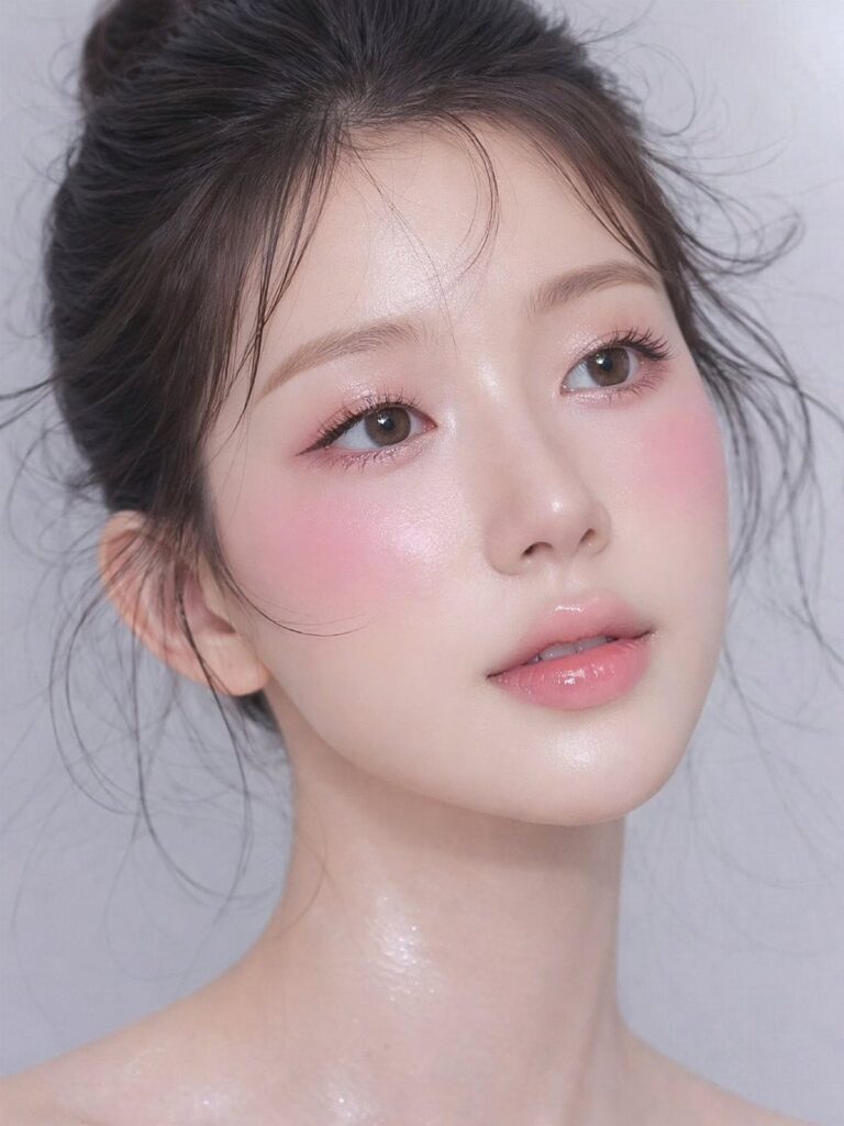 Woman with glowing skin, pink blush, and glossy lips wearing sweet modern makeup.