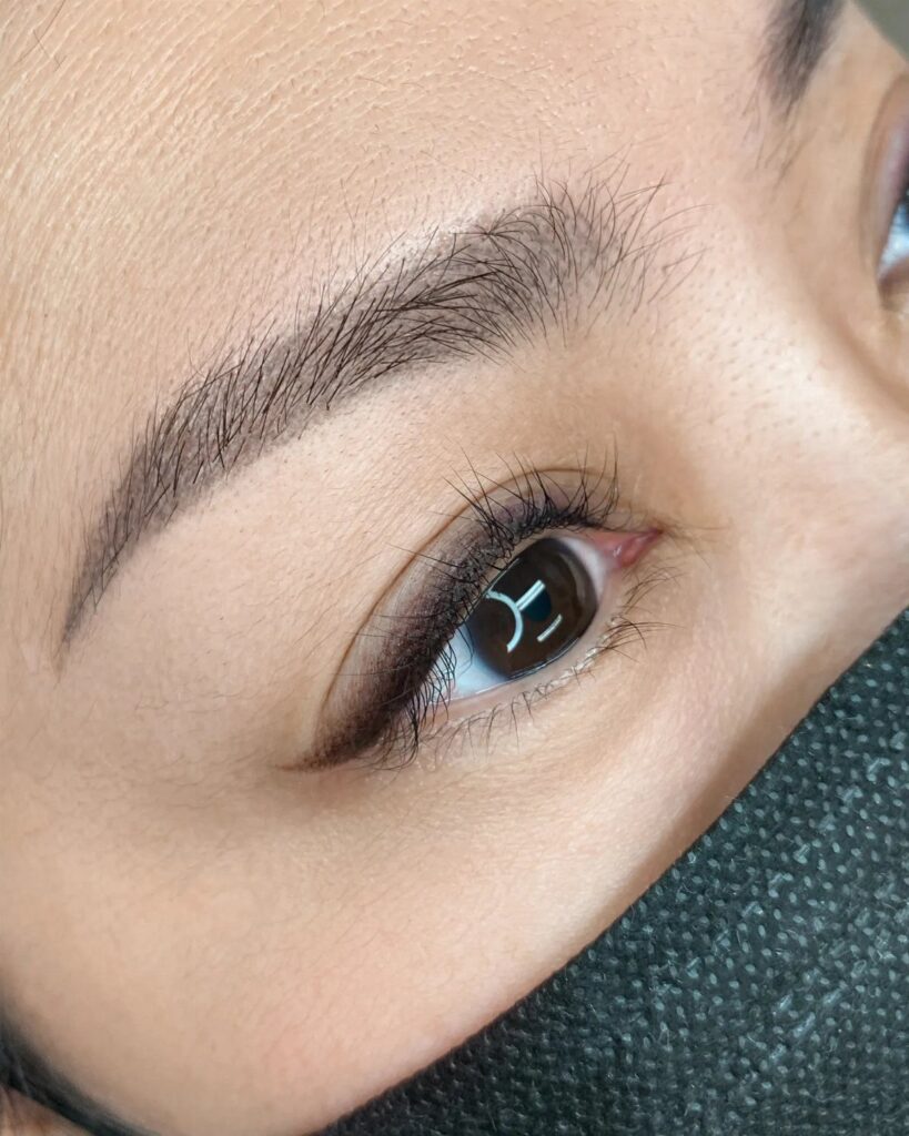 Close-up of an eye with soft, blended dark eyeliner and groomed eyebrows.